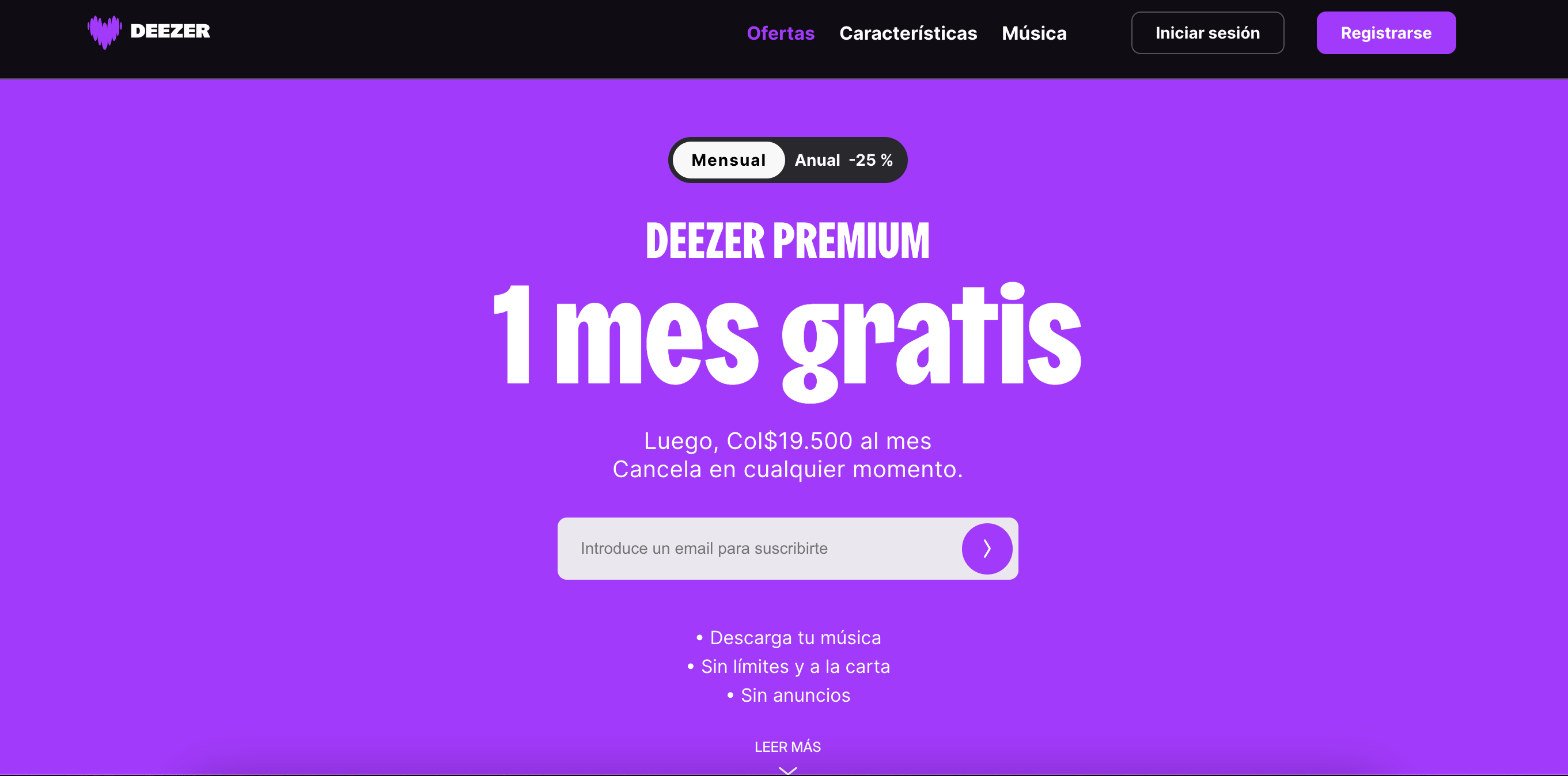 Ejemplos de landing page: Deezer