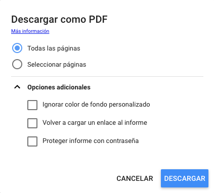Opciones de descarga de PDF en Google Data Studio