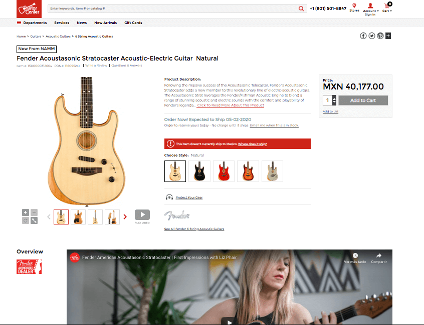 Ejemplo de descripción de producto de Guitar Center