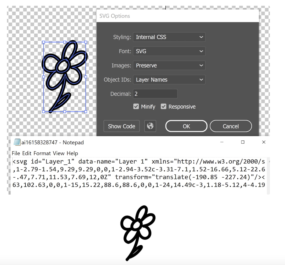 Diseño de flor negra delineado con código SVG XML