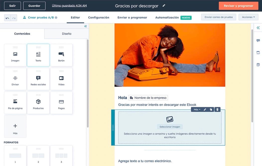 Interfaz del software de email marketing de HubSpot: diseño