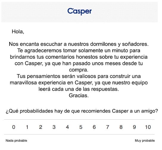 Ejemplo de encuesta NPS: Casper