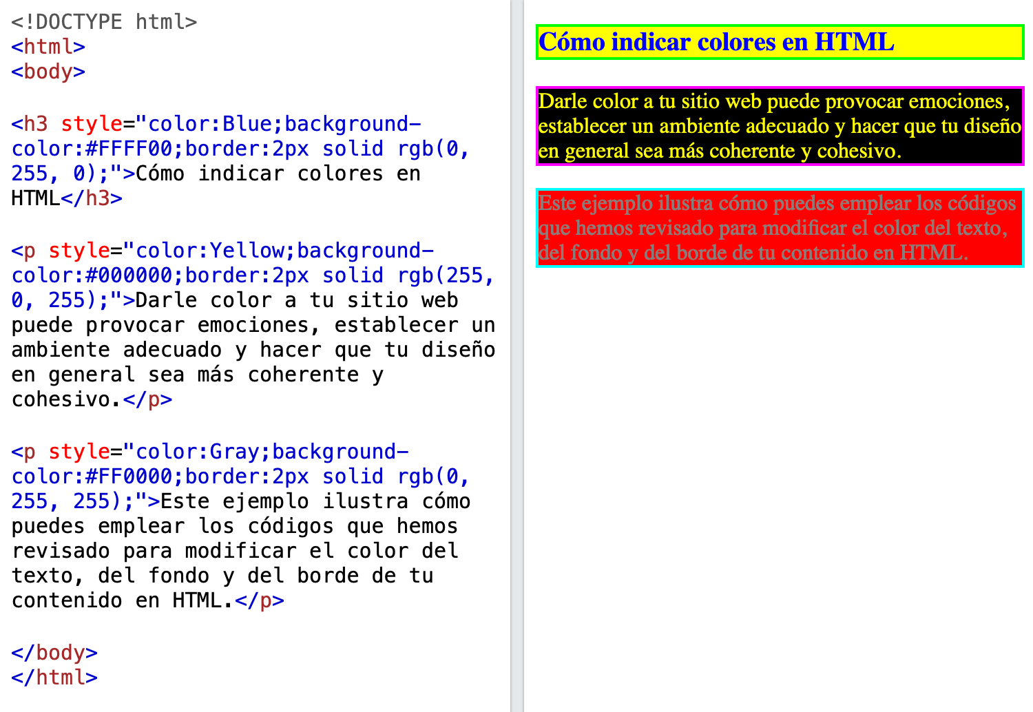 Ejemplo de código en HTML con propiedad de color en borde