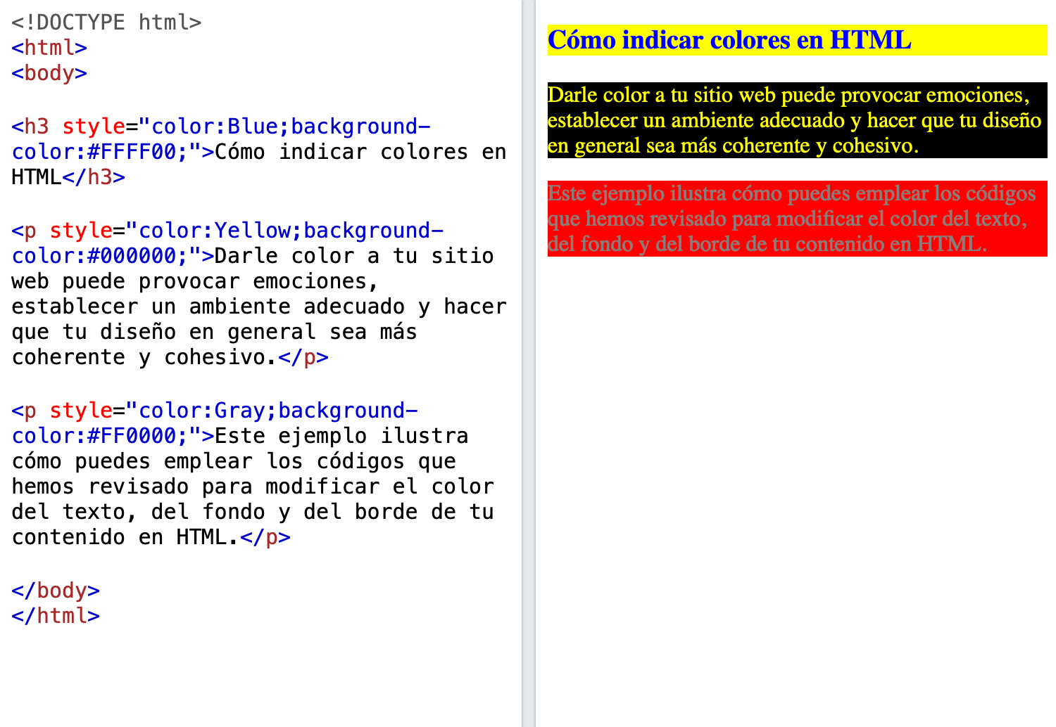 Ejemplo de código en HTML con propiedad de color en fondo