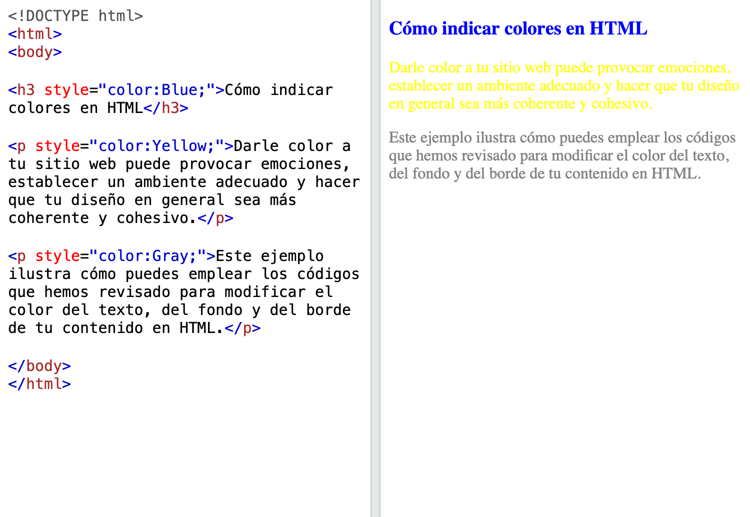 Ejemplo de código en HTML con propiedad de color en texto