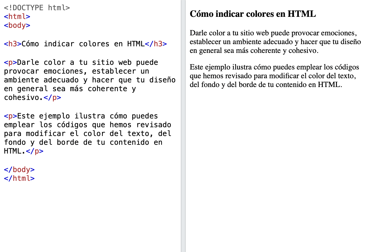 Ejemplo de código en HTMl sin propiedad de color