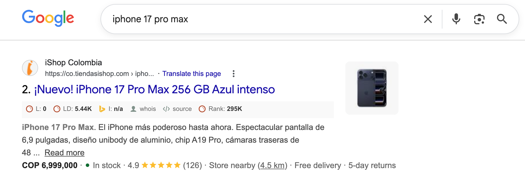 Ejemplo de schema markup en Google en la búsqueda iPhone 17 Pro Max con iShop Colombia