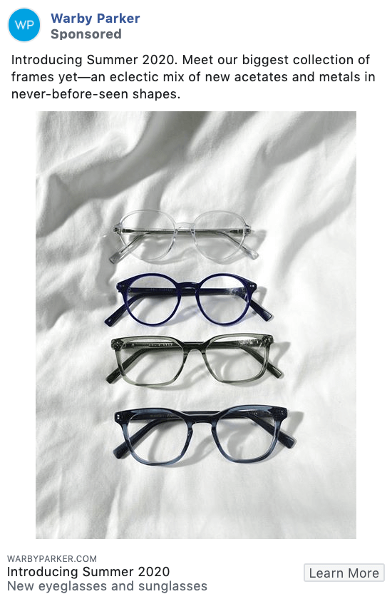 Ejemplo de anuncio de Facebook: publicidad de Warby Parker
