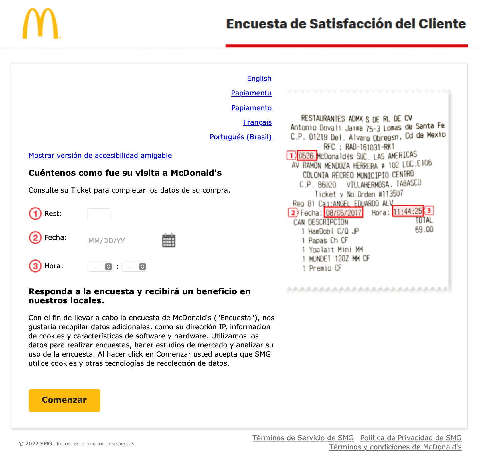 Ejemplo de encuesta de satisfacción al cliente de McDonalds