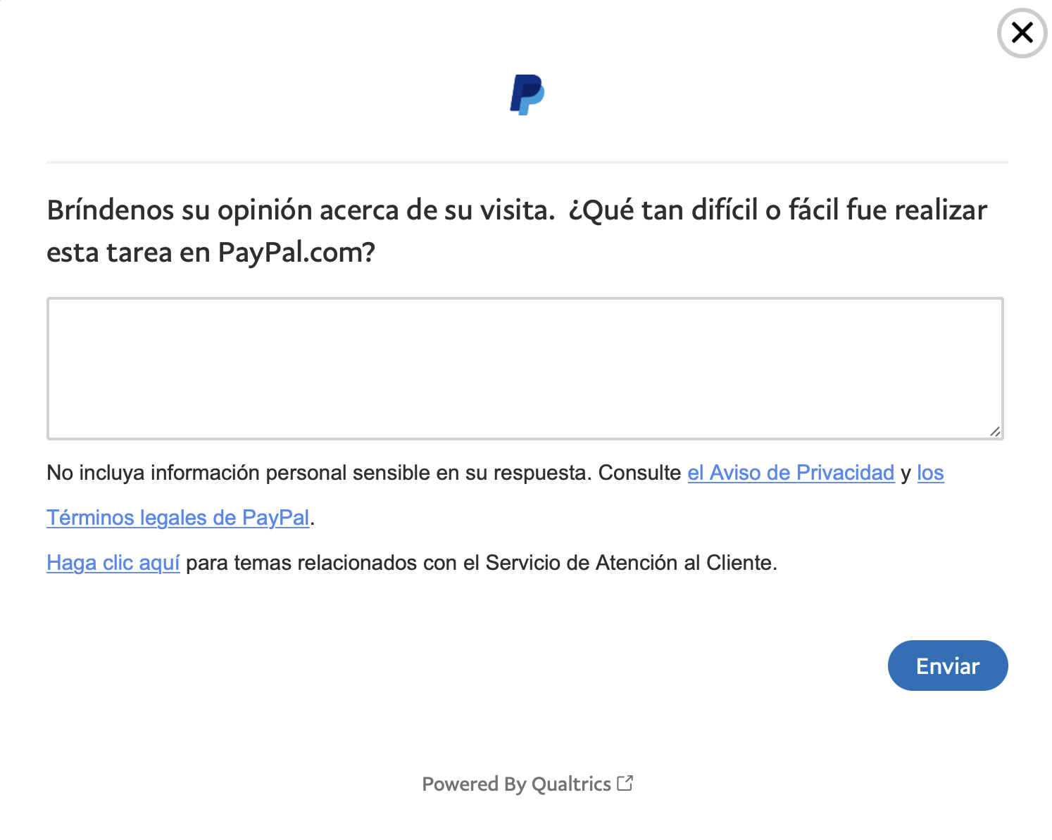 Ejemplo de encuesta de satisfacción al cliente de PayPal