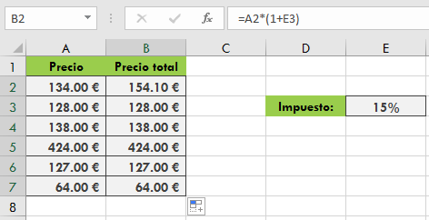 Ejemplo de fijación de casilla en operaciones de Excel