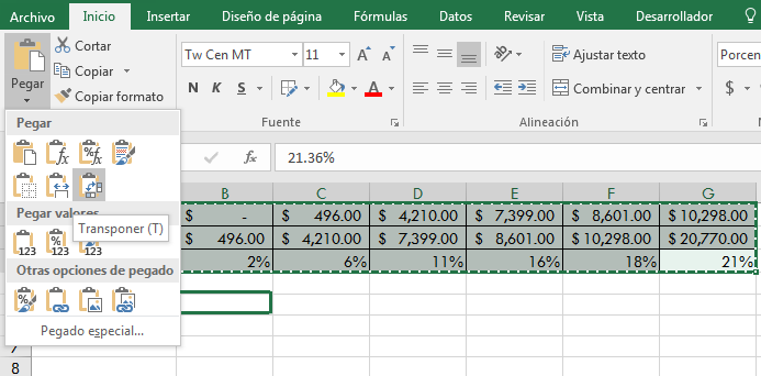 Ejemplo de funciones avanzadas de Excel: transponer datos