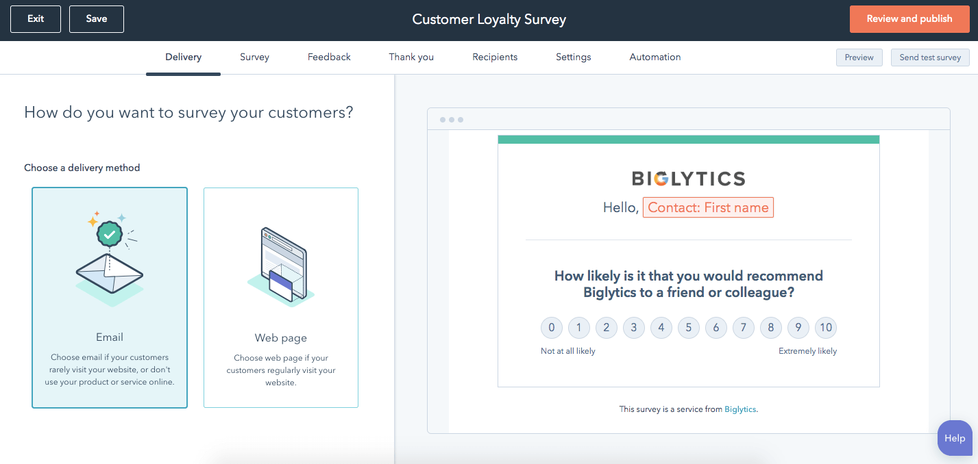 Gestionar feedback de clientes: encuesta de fidelidad del cliente de HubSpot