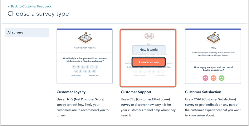 Gestionar feedback de clientes: encuesta de soporte de HubSpot