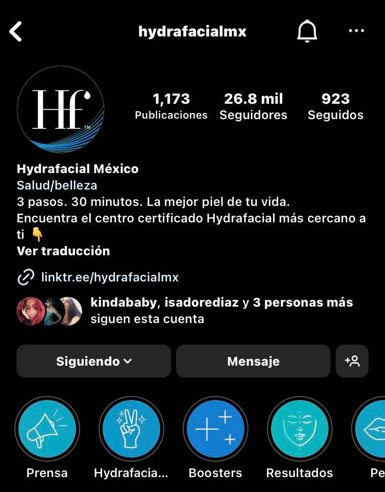 Ejemplos de highlights de Instagram: Hydrafacial MX