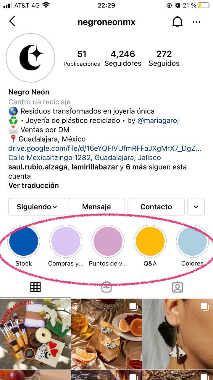 Ideas para tus historias de Instagram: utilizalas para conservar información útil en tu perfil (ejemplo de Negro Neón)