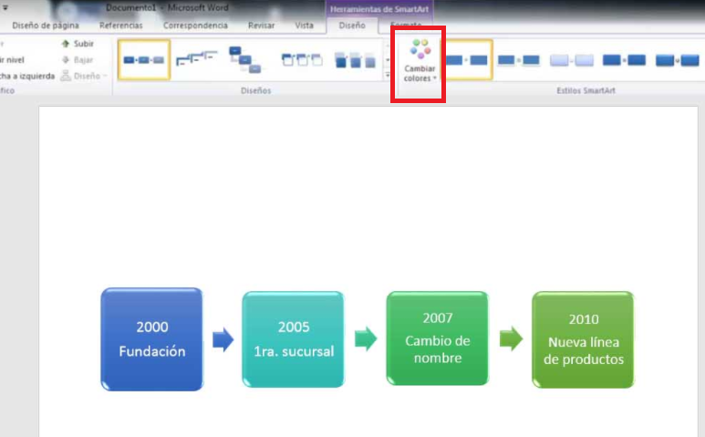 Personalización de colores en línea de tiempo de Word