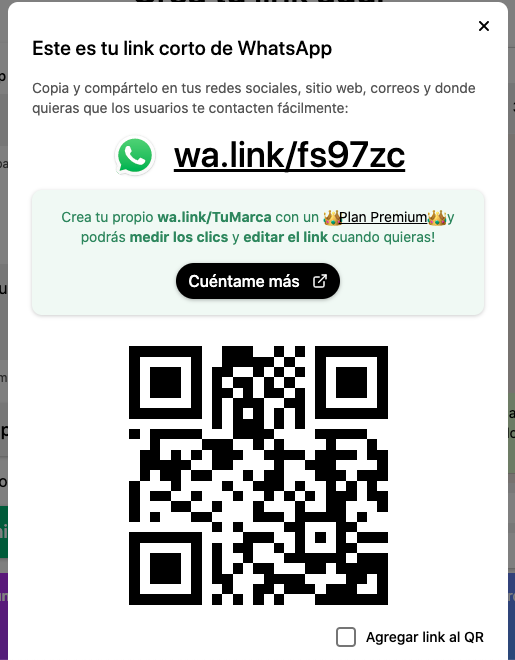 Link de WhatsApp y código QR descargable