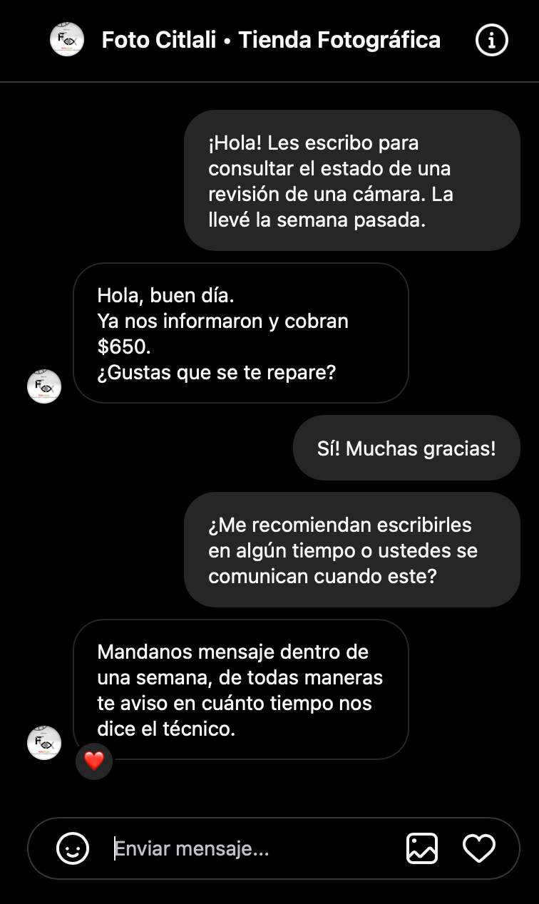 Ejemplo de marketing conversacional a través de Instagram de Foto Citlali