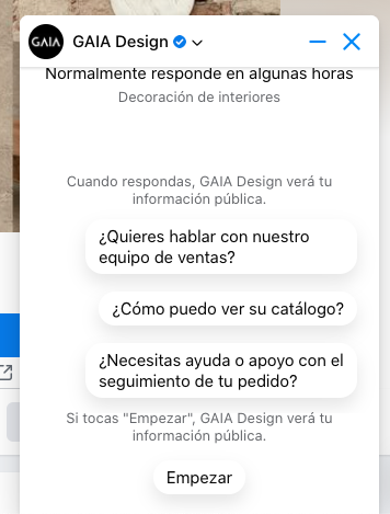 Ejemplo de marketing conversacional con bot en la página de Facebook de GAIA Design 