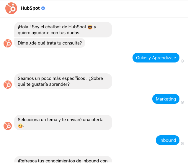 HubSpot, ejemplo de marketing conversacional con bot en la página de Facebook 