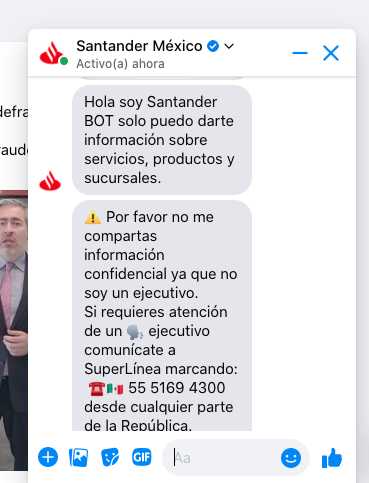 Ejemplo de marketing conversacional con bot en la página de Facebook de Santander