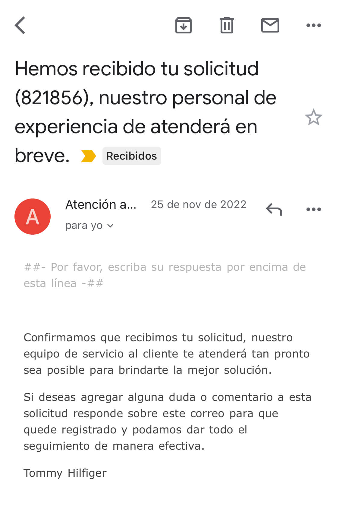 Ejemplo de marketing conversacional a través de correo electrónico de Tommy Hilfiger