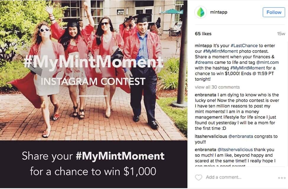 Ejemplo de hashtag para concurso de Instagram: Mint.com