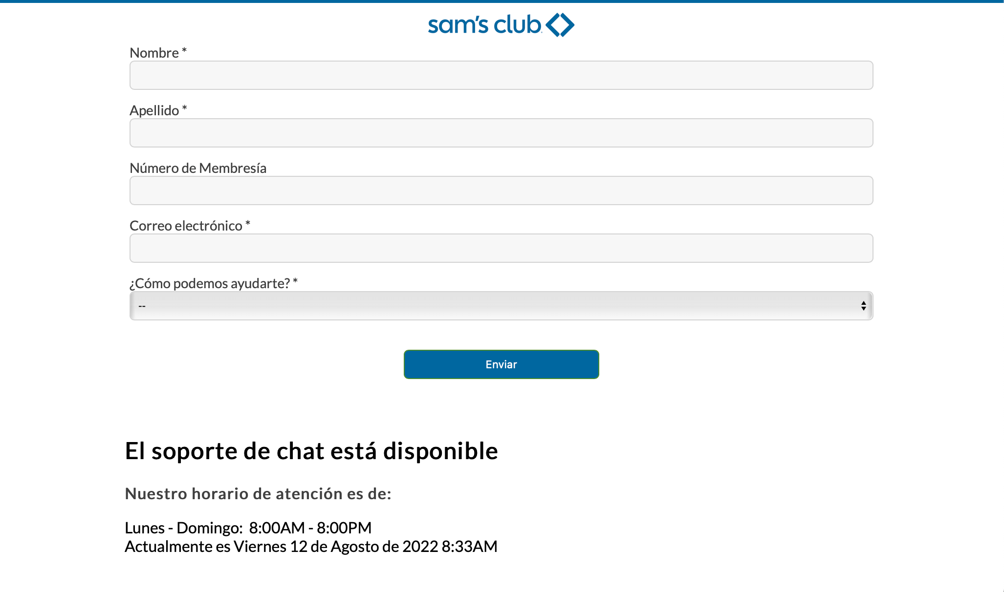 Ejemplo de página de contacto: Sam's Club