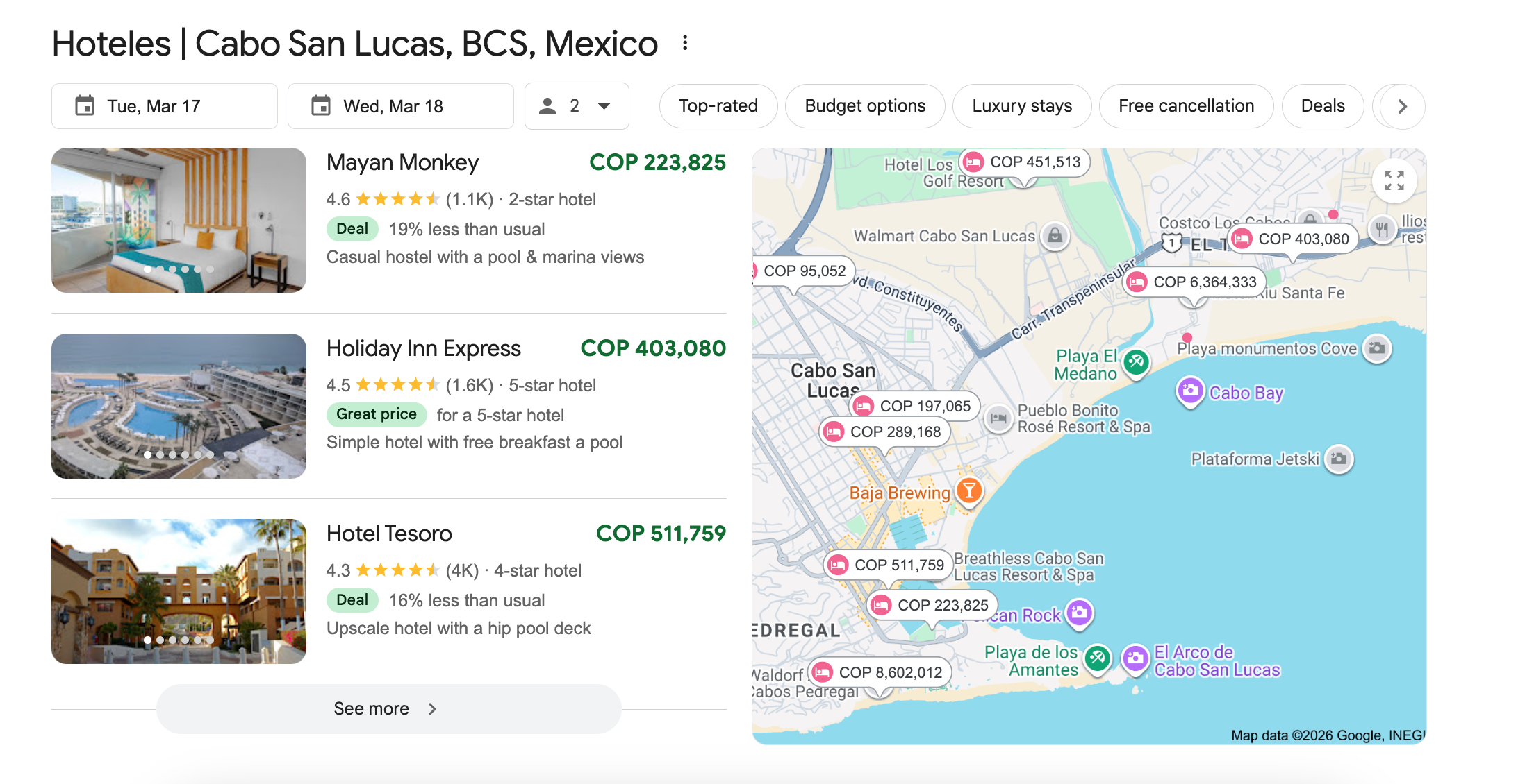 Panel de resultados de Google para hoteles en Los Cabos con schema markup