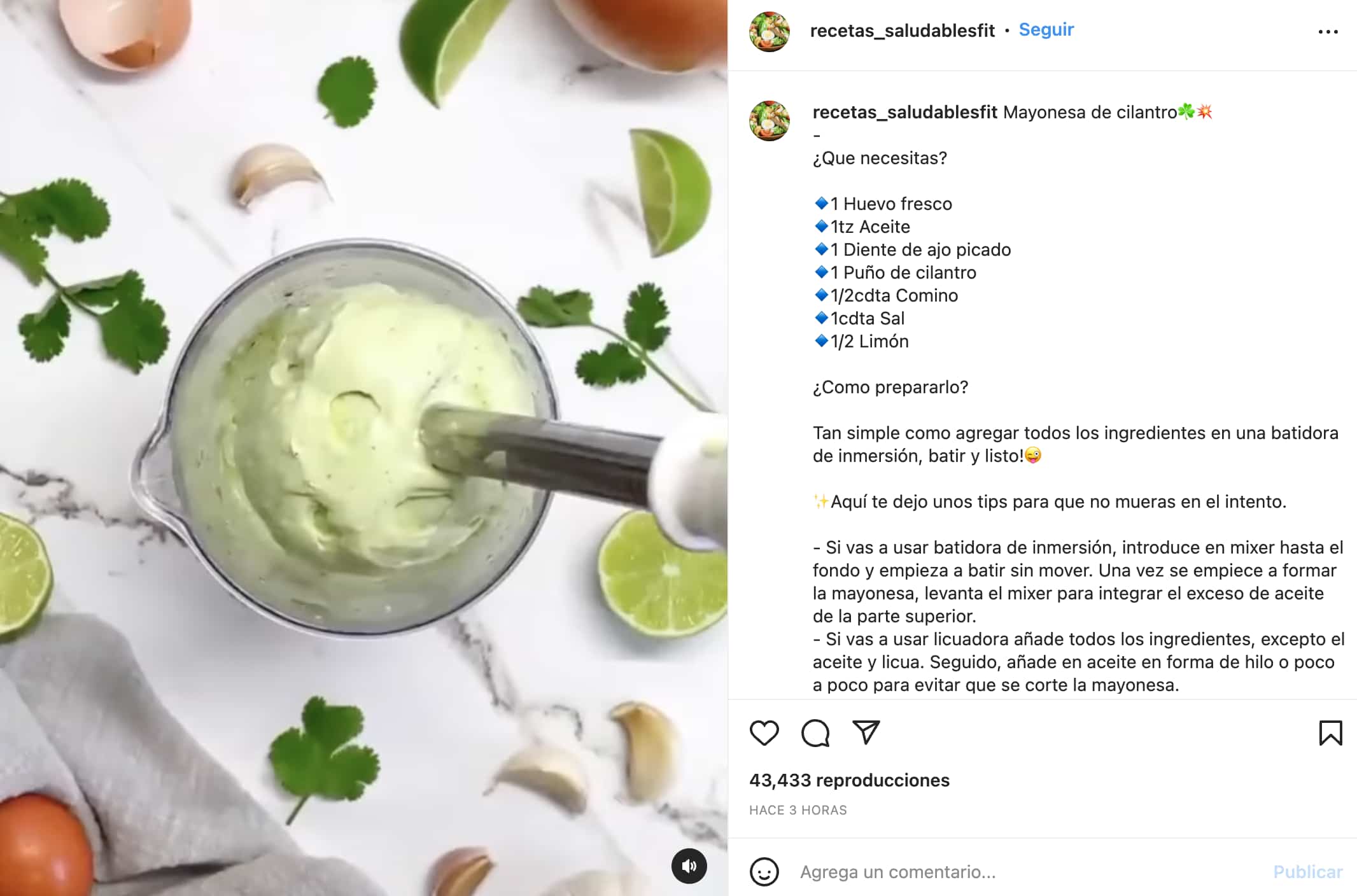 Ejemplo de pie de foto creativo para Instagram con instrucciones de receta