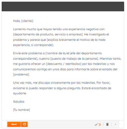 Plantilla de correo a un cliente enojado