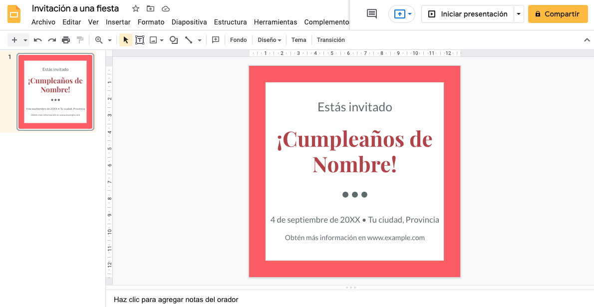 Plantilla de Google Slides gratis: invitación a una fiesta