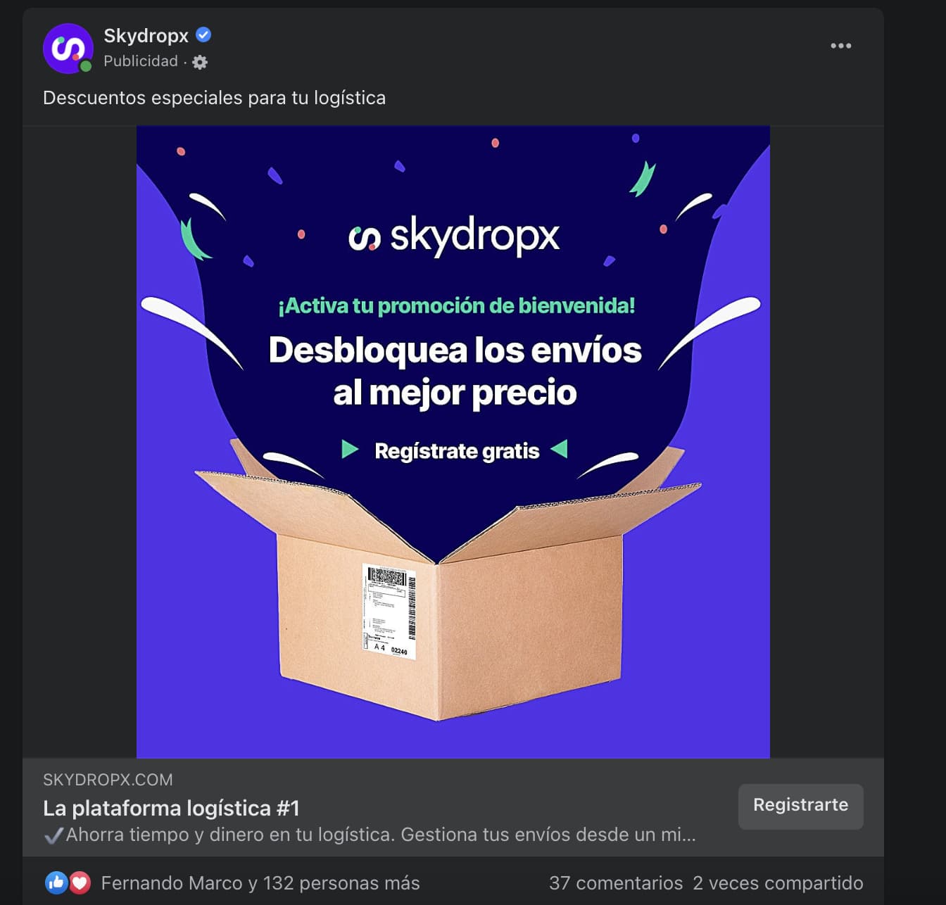 Ejemplo de promoción para aumentar ventas de Skydropx