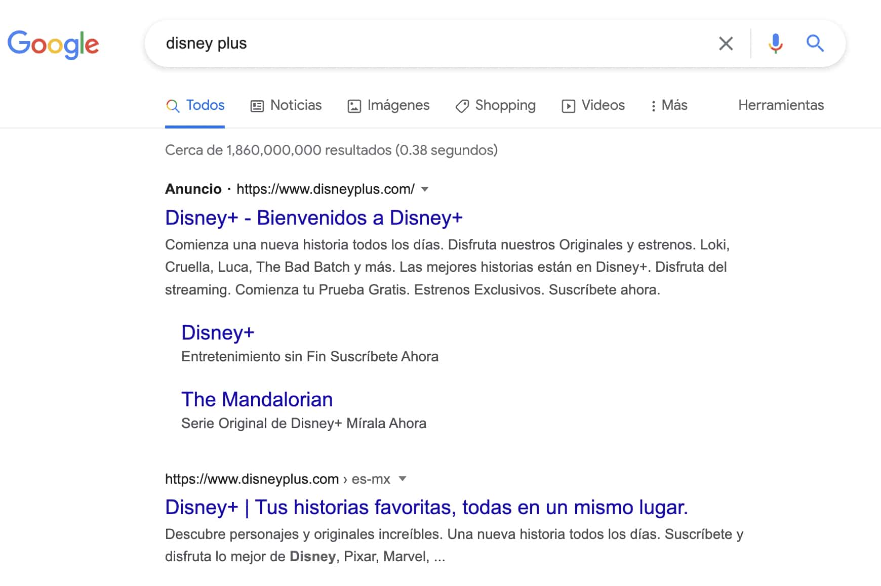 Ejemplo de publicidad digital SEM de Disney Plus