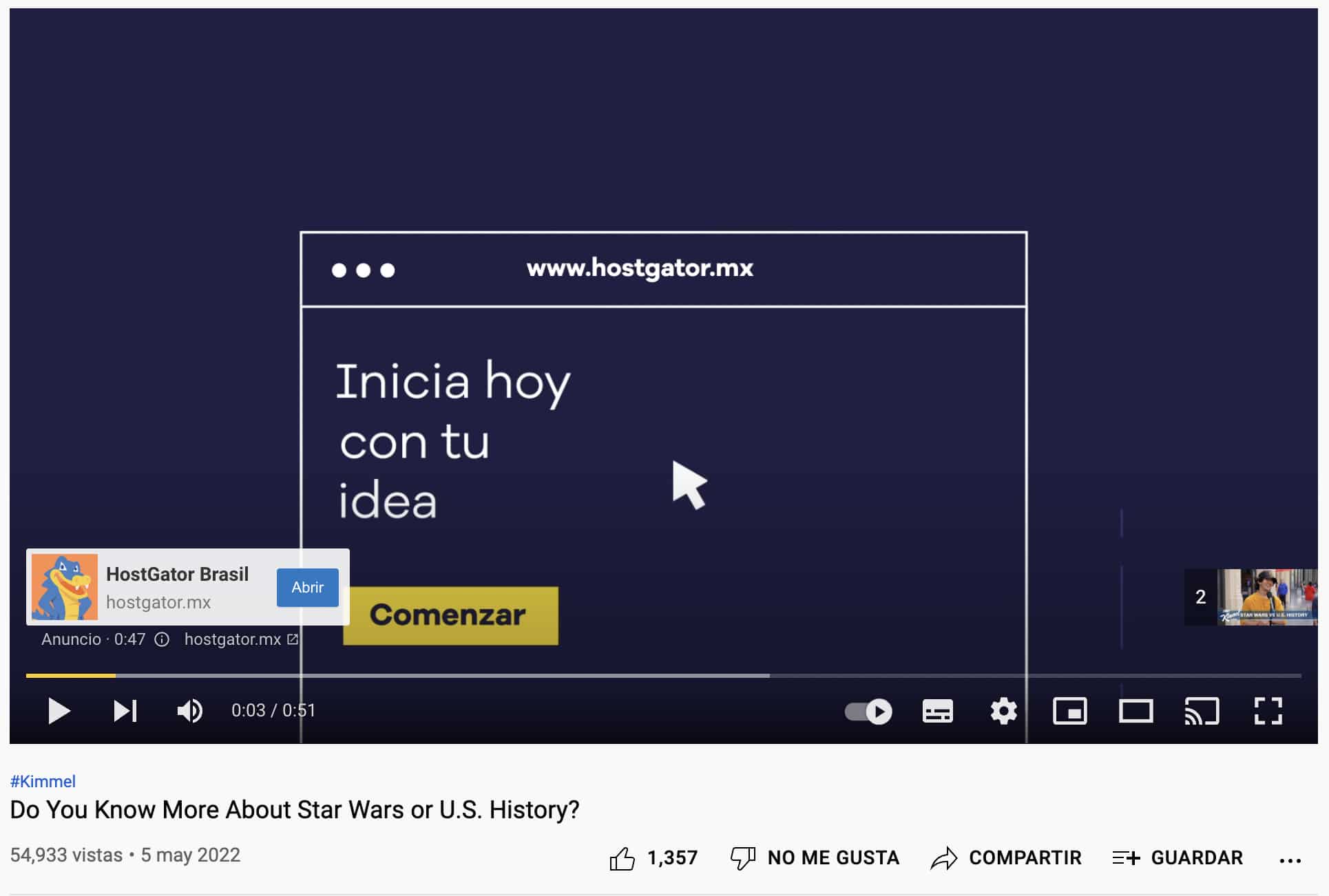 Ejemplo de publicidad digital en video de Hostgator en YouTube