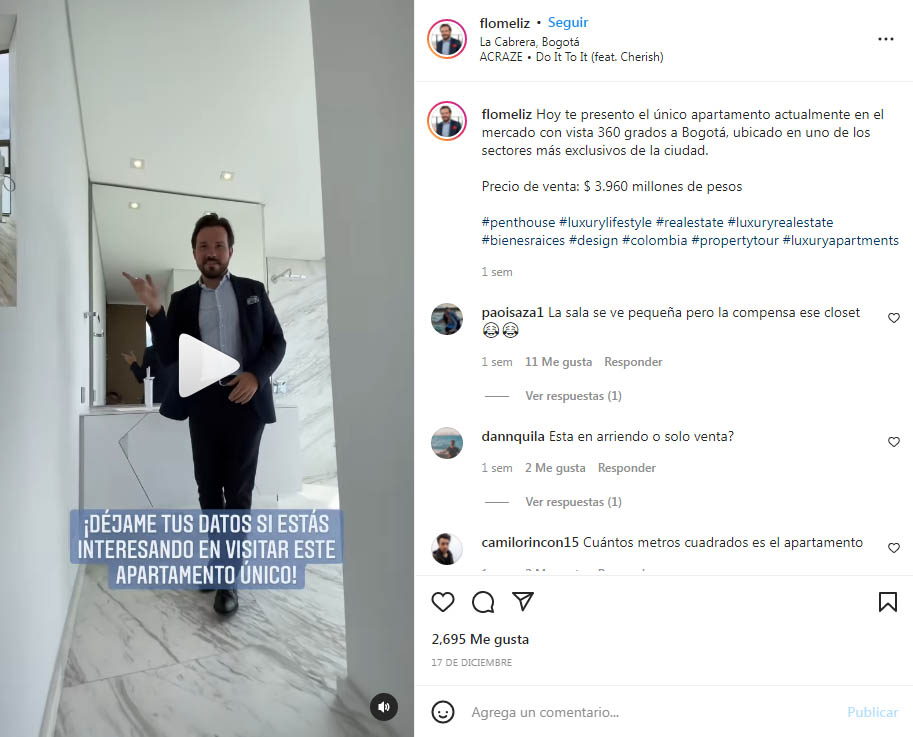 Ejemplo de publicidad inmobiliaria con videos en Instagram