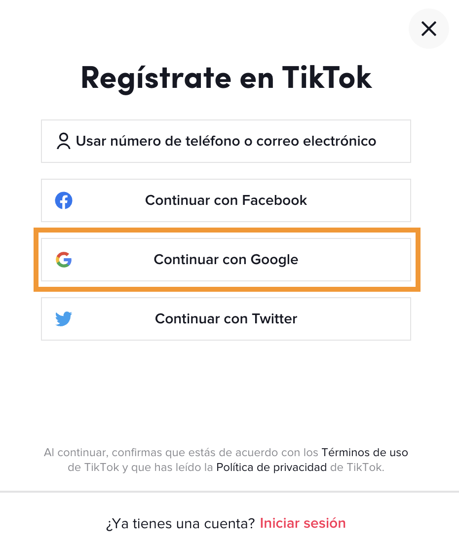 Cómo funciona TikTok: registro con Google