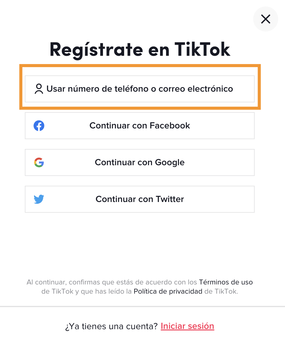 Cómo crear una cuenta de TikTok con número de teléfono o correo electrónico