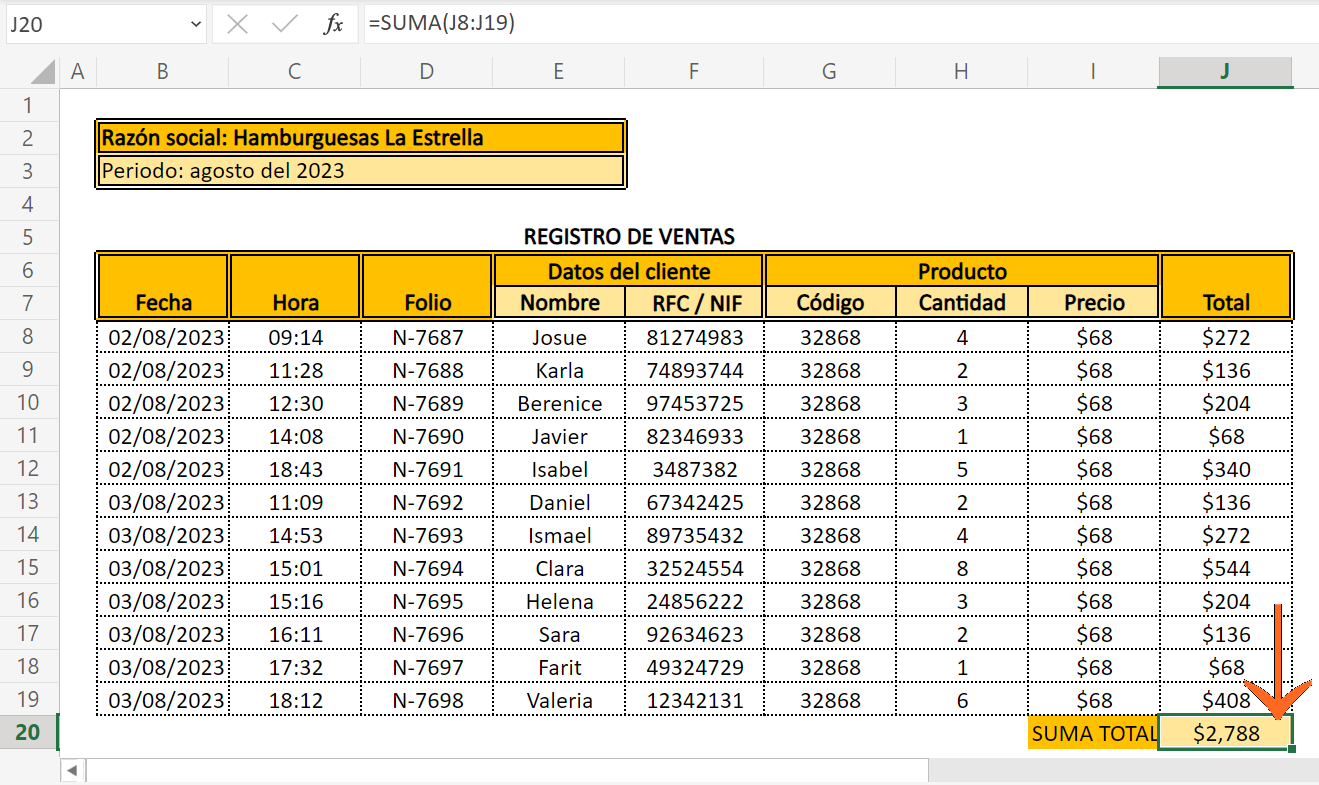 ejemplo de registro de ventas en Excel: obtén los ingresos