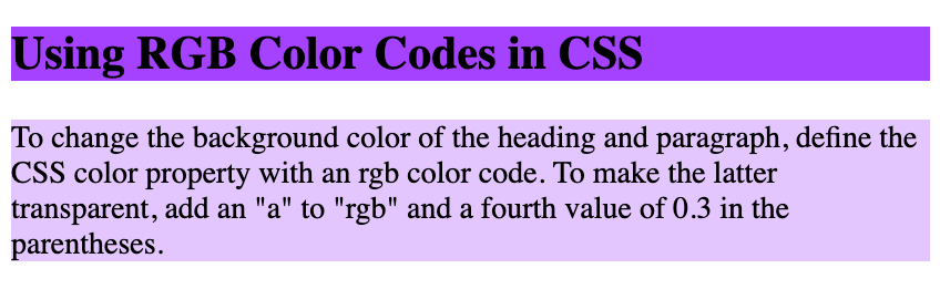 Resultado de cambio de color en CSS con códigos de color RGB