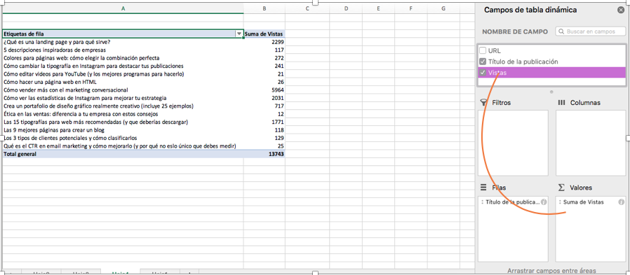 Cómo hacer una tabla dinámica en Excel: valores