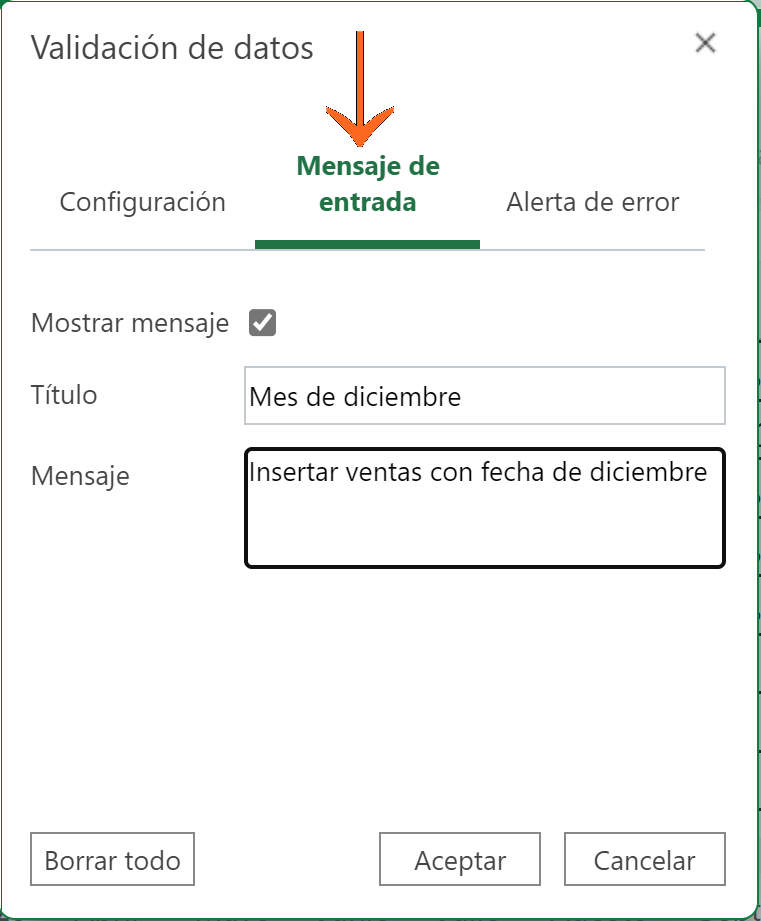 proceso para hacer la validación de datos en Excel: mensaje de entrada