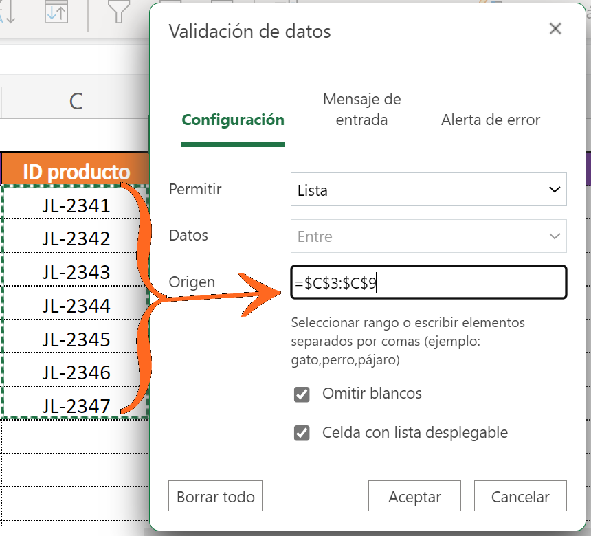 Lista de validación de datos en Excel