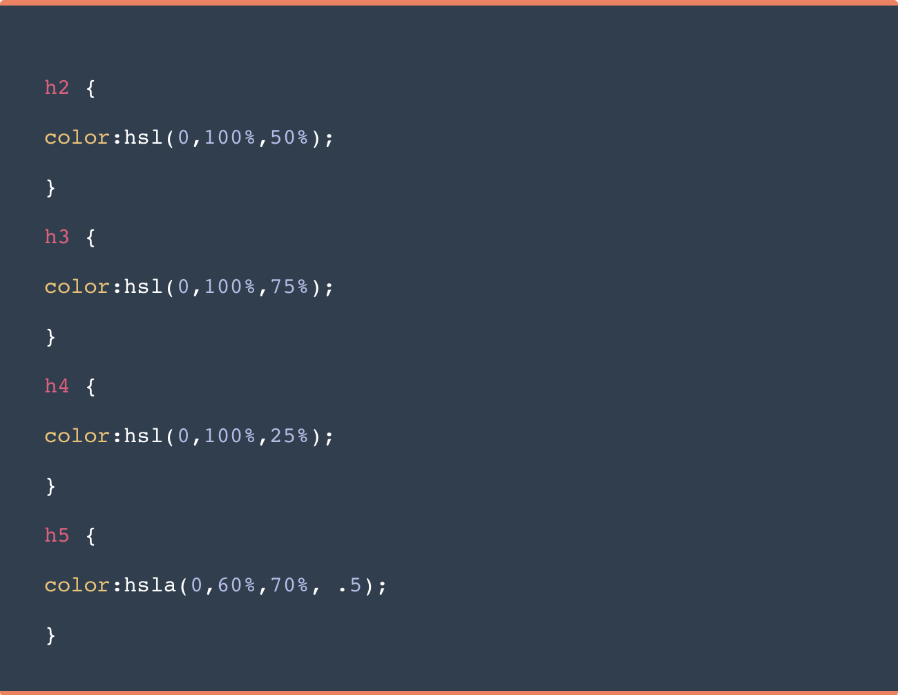 Ejemplo de código en CSS para edición de color con valores HSL