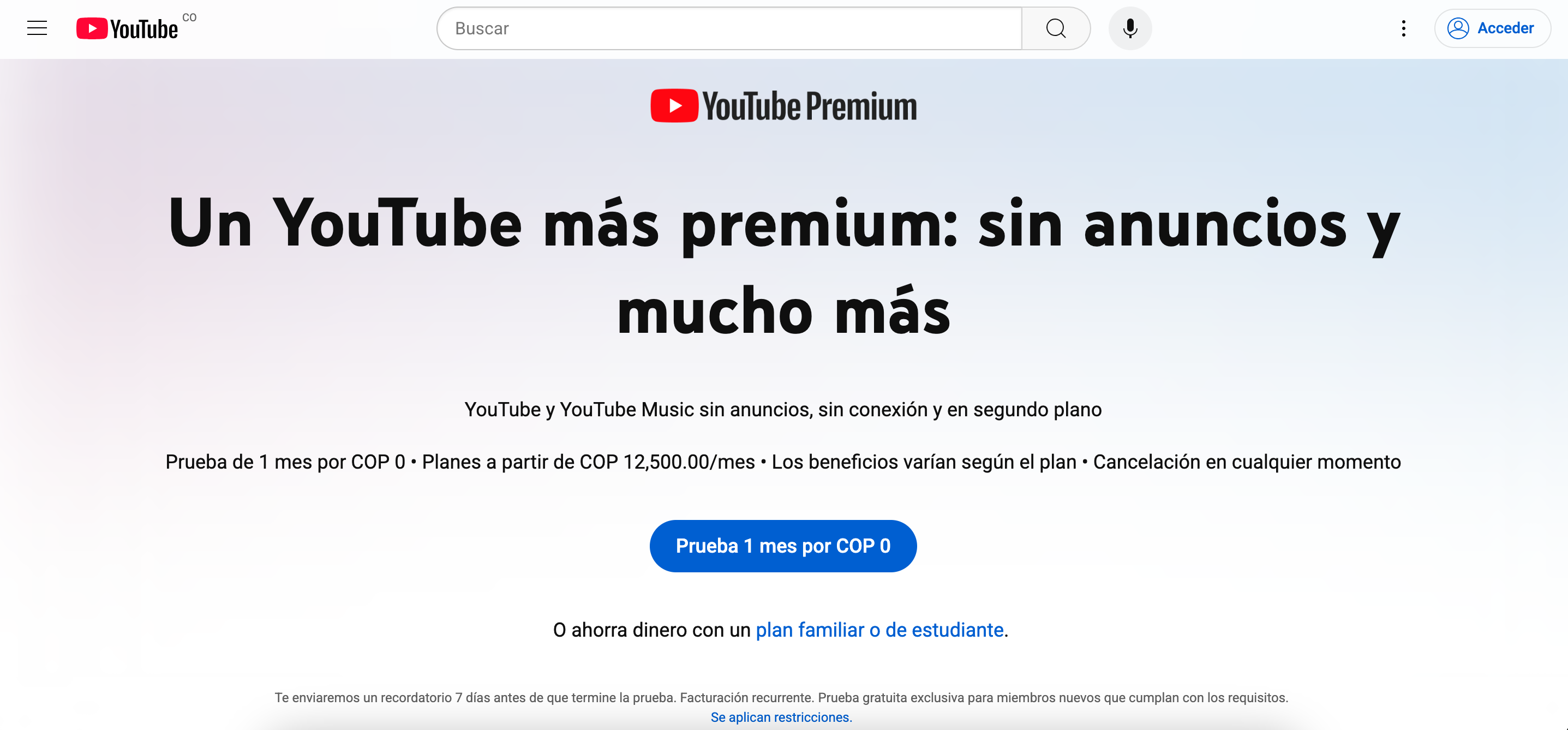 Ejemplos de landing page: YouTube Premium