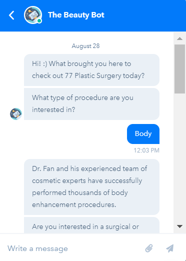 Ejemplo de chatbot de servicio al cliente de 77 Plastic Surgery