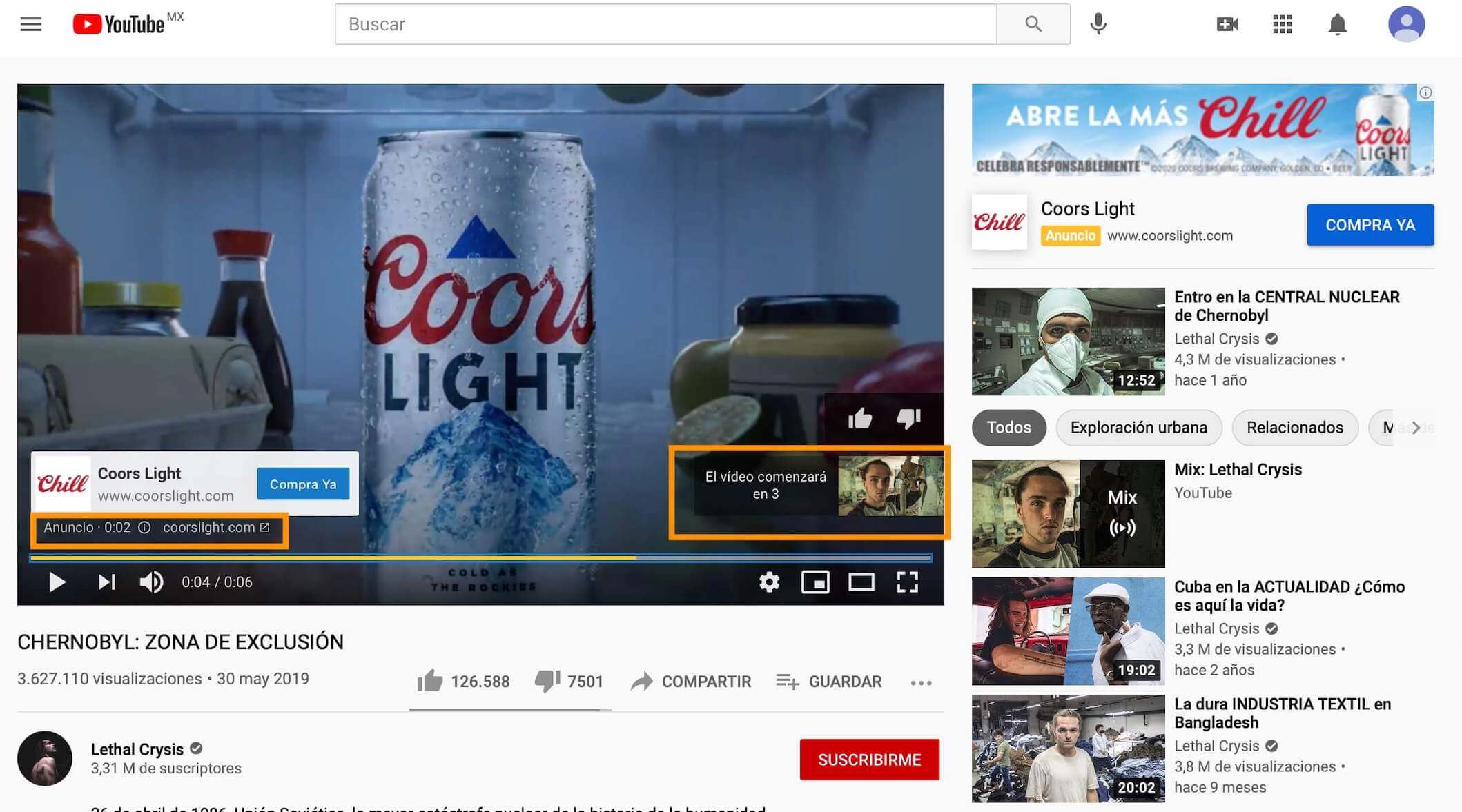 Tipos de publicidad de YouTube: Pre-roll a inicio de video