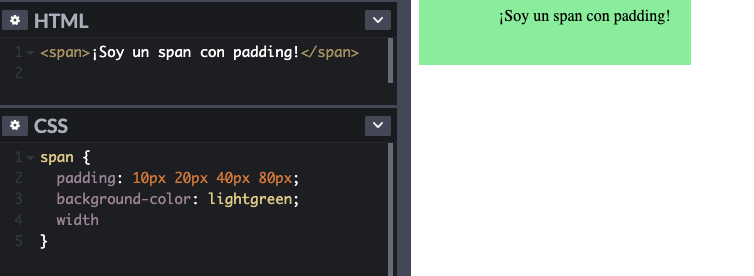 Ejemplo del uso de padding en una regla de CSS