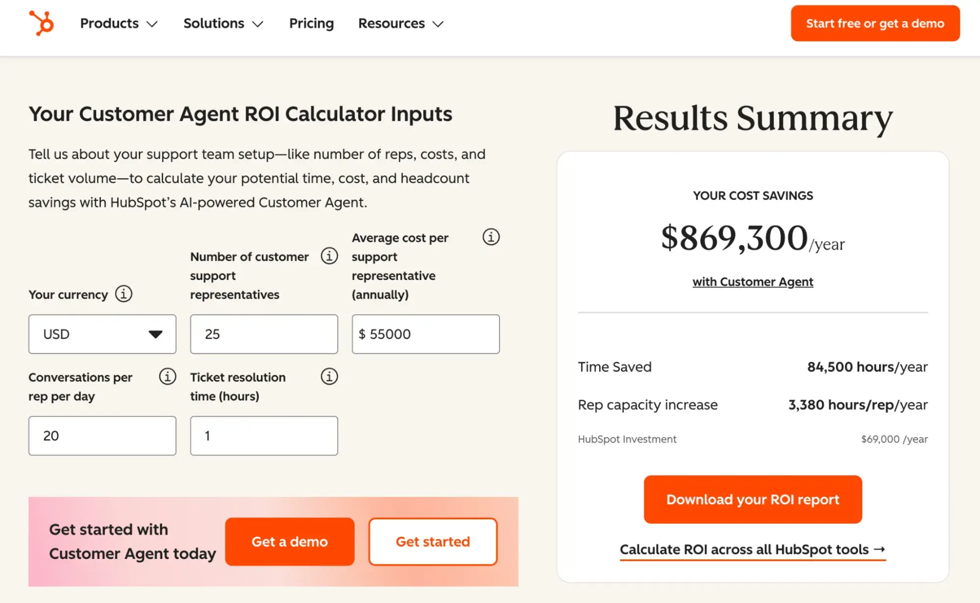 calculadora de ROI del agente de atención al cliente de HubSpot con variables editables de número de agentes, salario y tiempo de resolución de tickets, con una proyección de 869.300 USD en ahorro de costes anual